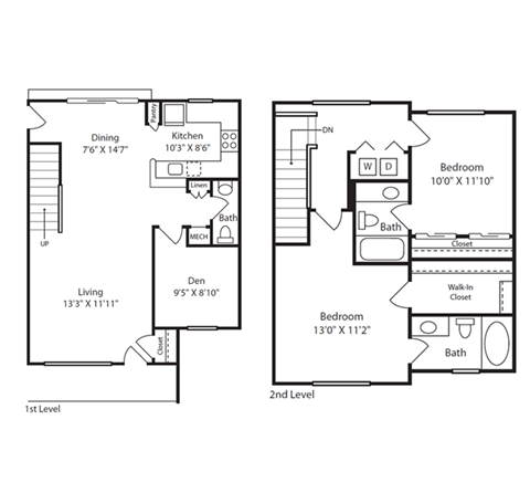 Floor plan for 2 beds, 2.5 baths, 1343 sqft